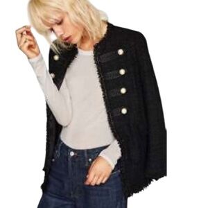 Zara Military Tweed Frayed Pearl Jacket